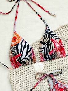 Ensemble de maillot de bain personnalisé sexy pour femmes avec imprimé léopard et tournesol, avec accessoires de coquillage à nouer. Convient pour Noël, les vacances à la plage et autres occasions. Bikini d'été pour femmes (style 2026), élégant ensemble bikini deux pièces pour la plage et la villégiature - Multicolore - Voir 4