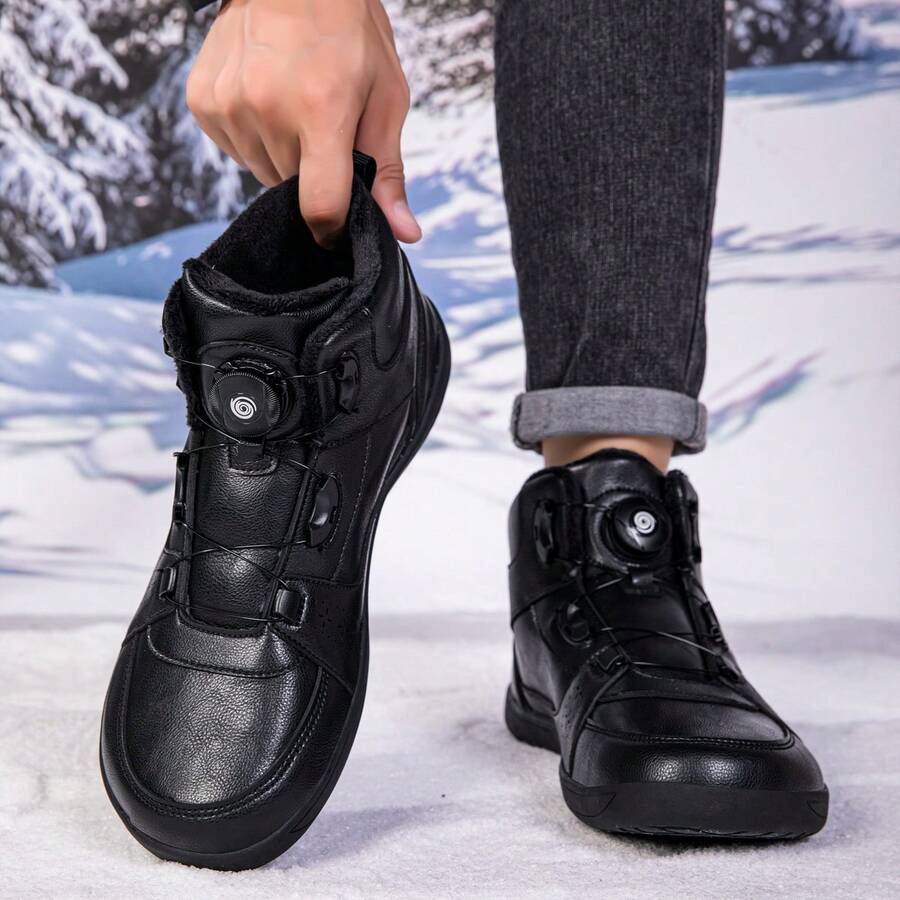 1双男士纯色休闲运动超细纤维皮革纽扣防水防滑雪地靴,保暖适合户外冬季穿着 - 黑色 - 查看 1