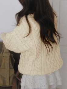 Korean Retro Niche High-End Braided Texture Wool Sweater, Slouchy Japanese Style Pullover Top - Beige - View 4