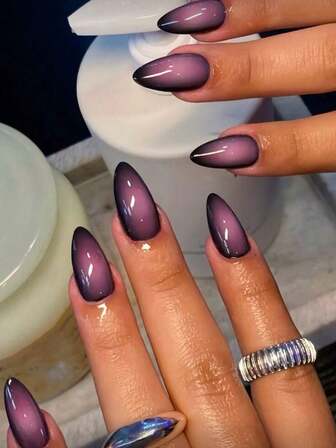 24pcs Y2K Long Almonds Glossy Aesthetic Acrylic Press On Nails Long Almond Nail Design Perfect Fit False Nails Set, Purple Printed In Black Nails Make Your Fingertips Shine And Beautiful,Suitable For Woman Work & Rave Party