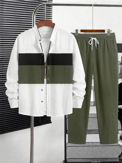 2pcs/Set Teenage Boys' Long Sleeve Mandarin Collar Shirt And Pants, Colorblock Design, Fashion Casual Versatile, Essential Spring/Autumn Outfit For Boys