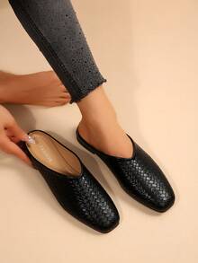 Giày Mules đế thấp họa tiết dệt thời trang dành cho nữ, dép sandal đế bằng đa năng tối giản, giày lười nhẹ nhàng thoải mái cho mọi mùa - màu đen - Xem 6