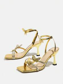 女士高跟凉鞋，时尚细高跟，饰有水钻和蝴蝶图案，柔软金属材质，可调节踝带，优雅性感，适合正式场合、派对和庆典。 - 金色 - 查看 6