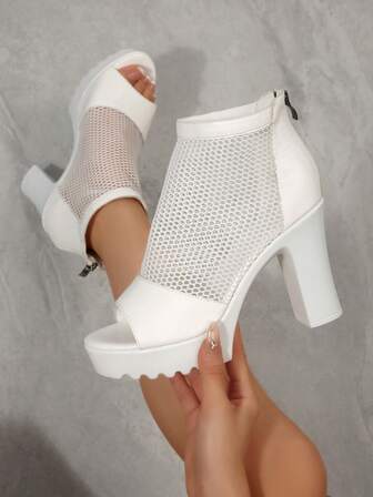 Nya plusstorlekar för kvinnor bekväma enkla runda tånät med öppen tå och dragkedja med höga klackar, semesterstil strand sommar casual mångsidiga eleganta skor