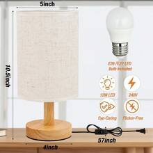 AWYYDesk Lamp LED Bulb Included Small Bedside Table Lamp Plug-In - Classic Wood Base With Flaxen Fabric Shade Lamps For Night Stands Simple Nightstand Light For Bedroom Office Desk - 亞麻白 - 查看 2
