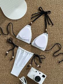 优雅女士白色挂脖比基尼套装，露背系带泳装，适合休闲海滩或泳池日穿着 - 白色 - 查看 4