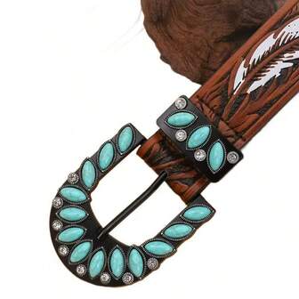 New Bohemian Vintage Feather & Turquoise Retro Print Versatile Belted Dress, Retro Style V-Neck Boho Punk Vintage PU Leather New Belt, 4 Seasons