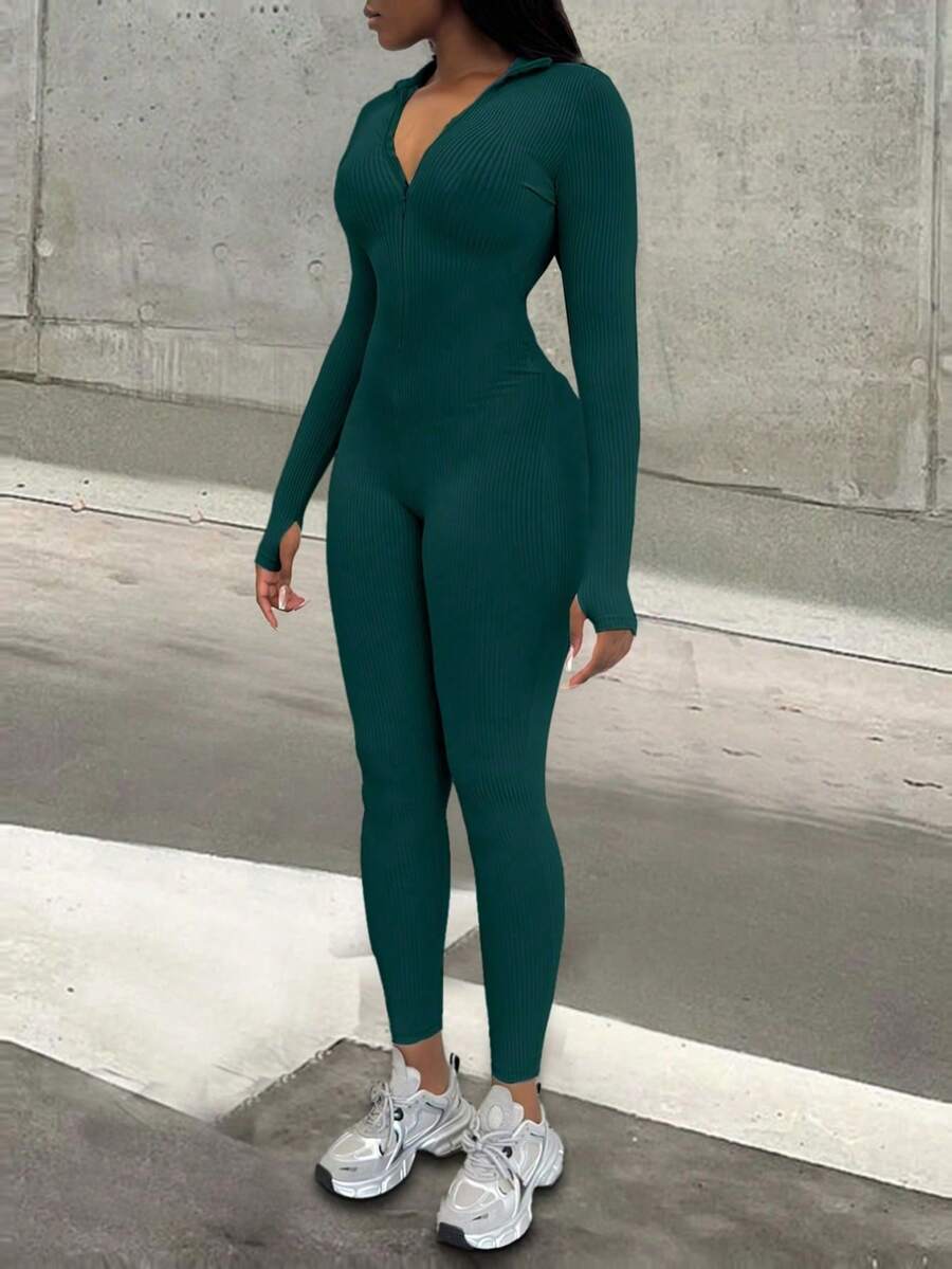 Sexy Casual Zipper Ribbed Long Sleeve Jumpsuit, Tight Fit Year-Round - Green - View 1