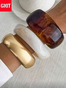 GNIT 3pcs Exaggerated Asymmetrical Resin Semi-Transparent Bracelet Set For Women, Versatile - Ti-transparent Coffee + Twisted Rice + Gold Wide Round - View 3
