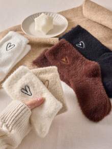 女士加厚保暖纯色人造毛皮爱心图案袜子，简约纯色爱心图案中筒袜，女士冬季袜子，女孩和青少年人造毛皮爱心图案中筒袜，加厚保暖过膝袜，适合居家、地板、睡眠、产后穿着以及春、秋、冬季穿着。 - 彩色 - 查看 10