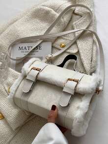 Bolso de cubo de piel sintética blanco cremoso para otoño/invierno. Bolso pequeño vintage con parches de piel sintética de cordero, bolso bandolera y de hombro, estilo dulce de chica - Blanco - Ver 7