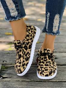 女士豹纹平底帆布休闲度假风运动鞋，时尚百搭舒适透气乐福鞋 - 豹紋 - 查看 3