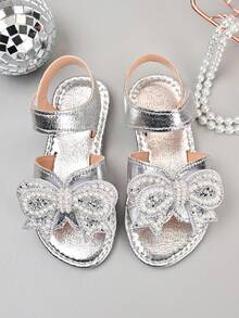 1 Pair Girls' Flat Sandals, Shiny Bowknot Decor, Sweet Style, Non-Slip Lightweight & Comfortable, Suitable For Party, Casual, Outdoor Wear - Silver - View 2