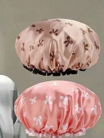 3pcs Waterproof Double-Layer Bow Shower Cap, Double Layer Bath Cap, Women's Hair Waterproof And Moisture-Proof For Bathing And Showering Elastic Shower Cap, Adult Kitchen Oil-Proof Cap, Bathroom Hair Drying Cap, Elastic And Adjustable, Suitable For Face Washing, Drying Hair, Makeup, Cooking, Shampooing Home Bathroom Fall Back To School