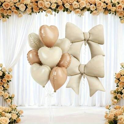Cream Heart Balloons, 18 Inch Beige Foil Balloons With 38.58 Inch Helium Bow, For Valentine's Day Wedding Birthday Party Decorations