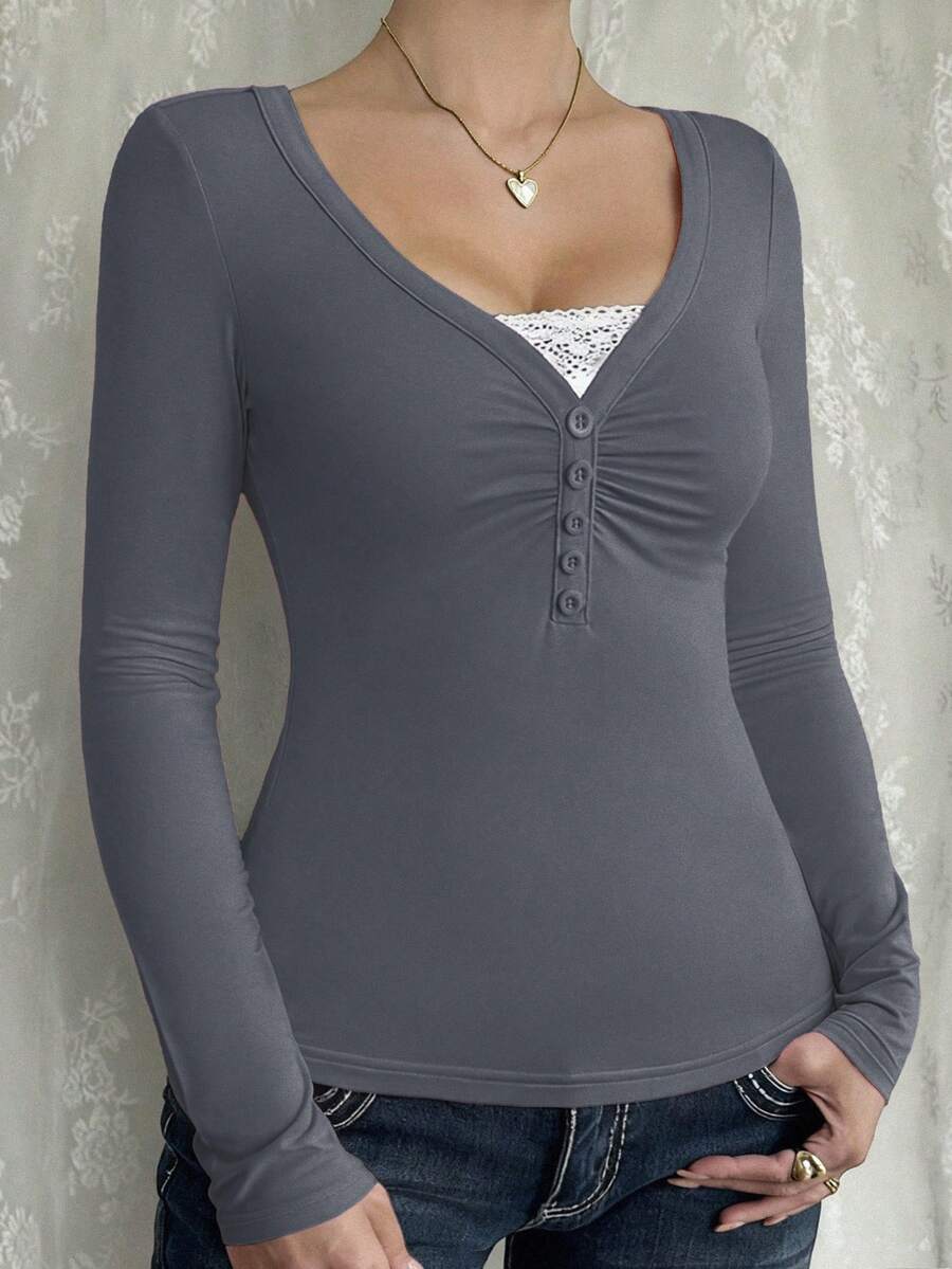 GAOVOT Women's T-Shirt, Y2K Spring/Summer Casual Daily Sexy Solid Color Lace Patchwork Fitted Long Sleeve V-Neck Top, Suitable For Commuting - Dark Grey - View 1