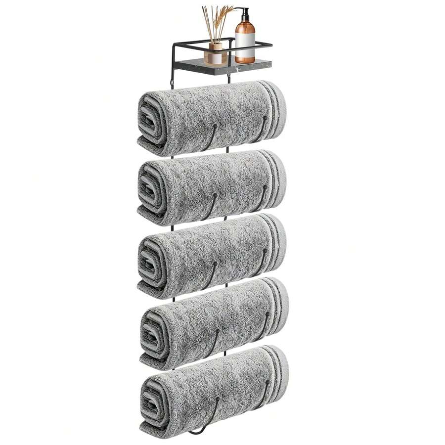LZYMSZ Wall Mounted Bathroom Towel Rack 5 Tier Design, Metal Rolled Towel Holder With Marble Shelf, Multi Purpose Storage Organizer For Bathroom, Kitchen And Bar Decor, Space Saving Style, Black - 黑色 - 查看 1