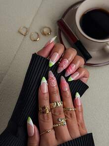 NAIO 10片/套 手工制作杏仁形Y2K坏女孩风格美甲贴片，裸色、粉色和绿色法式边饰，带有3D雕刻花朵和珠光凝胶美甲，适合派对、婚礼和日常佩戴。包含工具包，是送给女性和女孩的绝佳礼物。 - 彩色 - 查看 3