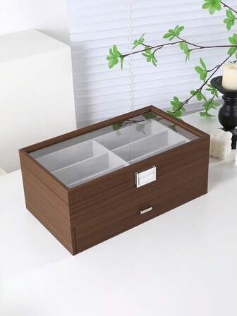 1 st glasögonfodral i valnötsträ, stor förvaringslåda för glasögon med 12 fack, dubbel lager glasögondisplay med glasfönster, perfekt present till äldre