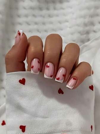 24pcs Square Short Embossed Nail Stickers, Featuring Minimalist French Heart Pattern (French Pink Base, 2-3 White French Red Heart Elements, Girly Theme), Embossed Nail Sticker Set, Acrylic Embossed Nail Stickers, Short Nails, Valentine's Day False Nails, Suitable For Women's Dates, Parties, Daily Work, New Year Parties, Can Enhance Your Charm.