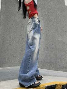 Retro Versatile Loose Wide Leg Jeans For Women, High-End Feel, Spring/Autumn - Blue - View 3