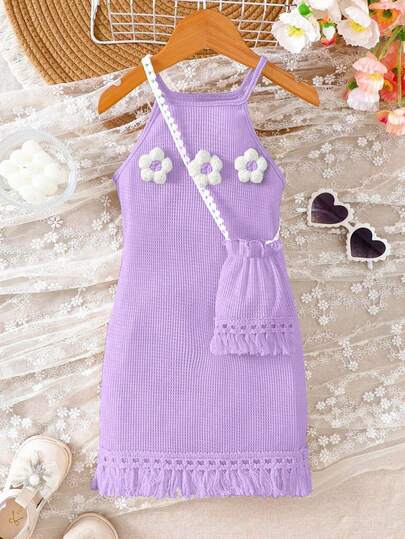 Girls' Sleeveless Dress, Soft Fabric, Comfortable Material, Suitable For 8-12 Years Old, Includes Crossbody Bag Accessory With Tassel Decor, Summer