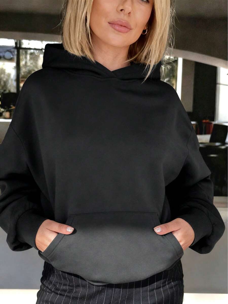 Minimalist Loose Fit Women's Long Sleeve Sweatshirt/Sweatshirt, Suitable For Autumn/Winter, Oversized Design, Casual And Versatile, Black Color - Black - View 1