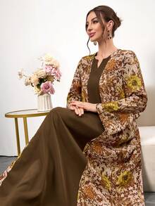 Đầm cổ tròn tay dài họa tiết hoa khối màu thanh lịch dành cho nữ, phù hợp với trang phục thanh lịch và trang phục thường ngày - màu nâu - Xem 1