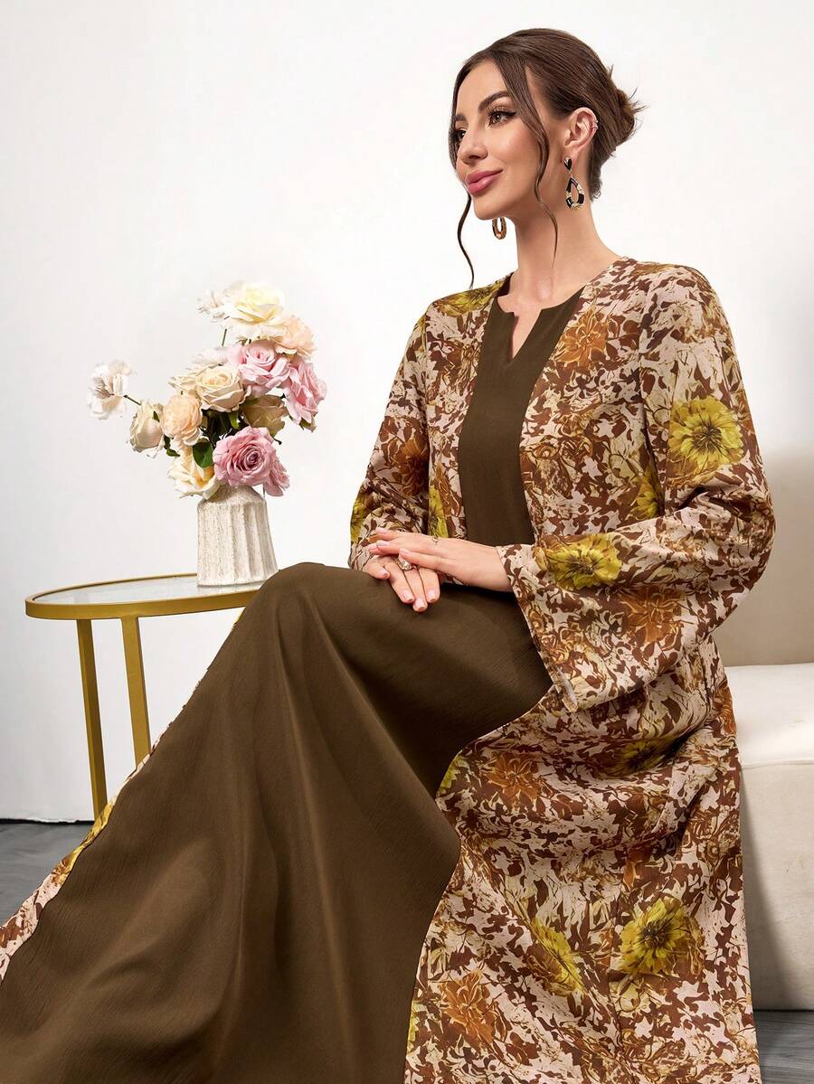 Đầm cổ tròn tay dài họa tiết hoa khối màu thanh lịch dành cho nữ, phù hợp với trang phục thanh lịch và trang phục thường ngày - màu nâu - Xem 1