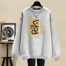 Women's Round Neck Cotton Fleece Lined Sweatshirt Plus Thick Warm Spring Autumn Winter High Street Casual Loose Age Reducing Pullover Top Outerwear - 淺灰色(DD15寶寶印前)重磅純棉 - 查看 11