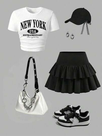 Tween Girl Cartoon Print Round Neck Short Sleeve Top And Bubble Skirt Set