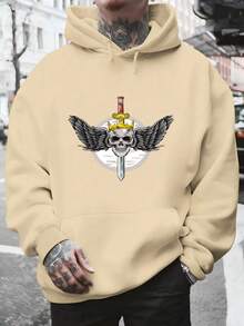 Men's Hooded Sweatshirt, Fashionable Men's Hoodie With Skull Print Featuring A Crown And Winged Sword, Perfect For Everyday Wear, Casual Urban Style For Autumn And Winter, Great For Christmas Outfit Ideas, Ideal For Outdoor Activities, Parties, And The Best Gift For Friends. - 杏色 - 查看 6