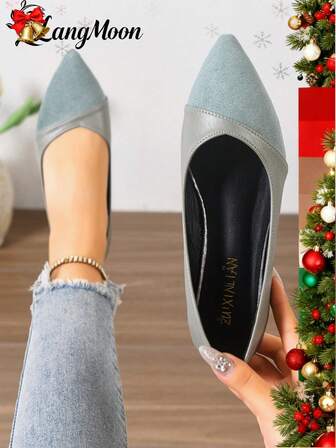 2025秋冬新款，纯色高级丝绒尖头拼接优质皮革女士时尚平底鞋，舒适休闲百搭，高级皮革质感，经久耐穿，适合通勤、派对、聚会、购物、万圣节、圣诞节等场合。