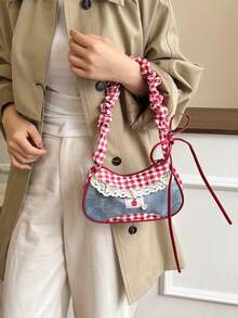 1pc Red Nylon Fabric Smooth Zipper Drawstring Strap Button Decor Fashion Versatile Casual Summer New Unique Shoulder Bag, Suitable For Women's Daily Use - Red - View 3