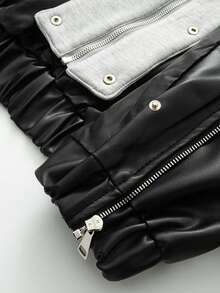 女士休闲落肩连帽拼接仿皮夹克，秋冬款