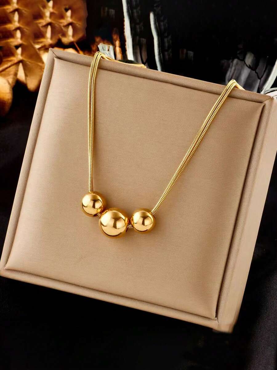 RAYQUEEN 1pc Gold 304 Stainless Steel Metal Ball Necklace, Vintage Multi-Layer Bead Hip-Hop Personalized Choker Chain, Elegant Neck Chain For Women, Suitable For Daily Wear - necklace - View 1
