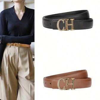 New Design Women's Belt With CH Letter & Rhinestone Alloy Buckle, Fashion Versatile Waist Belt