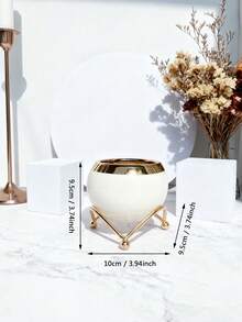 1pc Nordic Round Vase For Succulents Ornament Small Ceramics Flower Pot With Tray Golden Polka Dot Metal Base Modern Simple Home Gardening Containers Modern Decorative Plant Pot Decoration - White - View 2