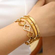 2025 European & American Cross-Border 4-Leaf Clover Mud Rhinestone, 4-Leaf Clover Stainless Steel Bracelet With 6 Diamonds, Elegant Minimalist Open Bangle Bracelet, Luxury Niche Accessories - Four-leaf Golden - View 1