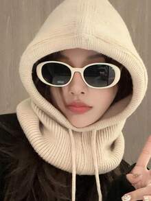 1pc Women's Grey Drawstring Balaclava Knit Face Neck Warmer Outdoor Ski Protective Hat Scarf Shawl, Suitable For Winter - Light Grey - View 7