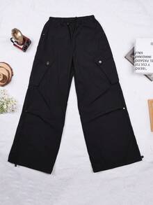 Quần cargo ống rộng dáng suông Y2K phong cách đường phố, cạp chun có dây rút và túi nắp, kiểu quần dù, đa năng, phù hợp mặc hàng ngày, đi làm, đi chơi, dự tiệc, đi học, mùa thu. - màu đen - Xem 7