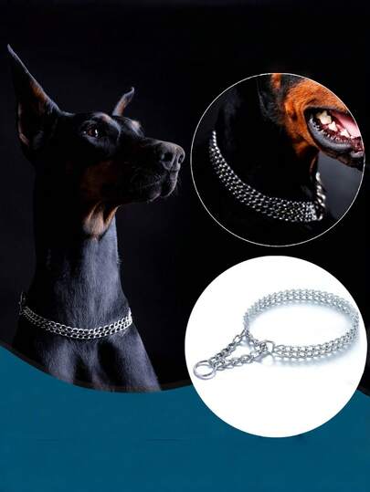 Treradigt hundkoppelhalsband i rostfritt stål - Justerbart hundkoppelhalsband, lämplig för stora, medelstora och små hundar - Hållbar och tuggtålig kubansk kedjedesign. Lämplig som present, hundleksak, hundtillbehör, roligt valphämtningsspel, akvarium, akvariedekoration, hundleksak, akvariedekoration, present till pojkvän, hundtillbehör, roligt valphämtningsspel.
