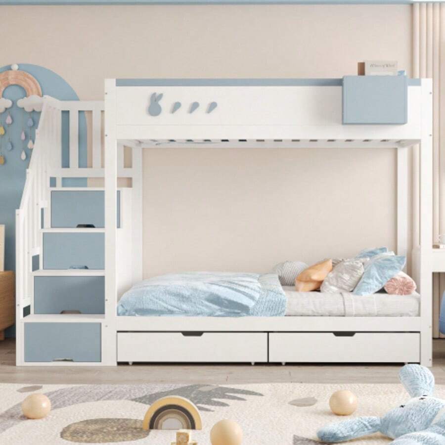 Litera infantil de 90 x 200 cm con motivos de conejos y zanahorias, estante extraíble, escalera de , cajones, somier de láminas, cama doble, blanca y azul. - Azul - Ver 1