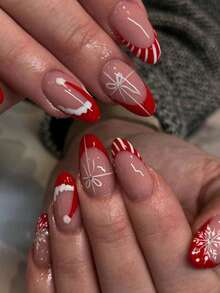 Christmas Nails 24pcs Christmas Long Almond Fake Nails A French Red Christmas Hat With White Snowflakes And Bow Decorations All On The Nails 1pc Nail File & 1Nail Glue Sticker Kit Nails For Girl And Women Gift For Festival Party Date And Daily Wear,Fall Nails,Press On Acrylic Nails,Press On Nails,Press One,Nail Set,Christmas