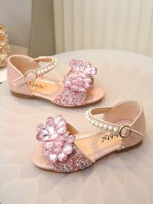 一双儿童凉鞋，饰有水钻、珍珠和蝴蝶结，采用Gilly PU拼接圆头设计，平底，适合日常穿着、舞蹈、户外活动、节日庆典和派对，闪亮公主风凉鞋，适合春、夏、秋季穿着。 - 粉色 - 查看 3