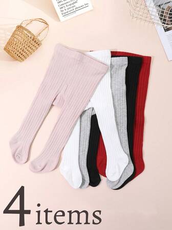 4 Items Baby Girls' Simple Versatile Striped Leggings, Suitable For Daily Matching