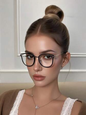 Óculos com Armação Preta em Formato de Olho de Gato para Mulheres e Senhoras, Óculos de Moda Plano, Adequado para Assistir TV, Jogar e Usar com Celular