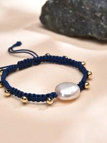 1pc 18K Gold Plated Natural Pearl Handmade Braided Bracelet, Suitable For Men And Women, Everyday Wear - Blue - View 2