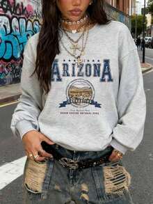 Plus Size Women's Street Fashion, Arizona Themed Graphic Print, Loose Long Sleeve Crew Neck Sweatshirt, Fun Style, Solid Color Crew Neck Sweatshirt For Girls, Suitable For Daily Wear, Outings, Parties, School, Music Festivals, Vacations, Commuting. Can Be Given As A Gift To Family, Boyfriend, Girlfriend, Friends, Sweatshirt, Winter Wear, Women's Pullover, Girls' Pullover - Grey - View 4