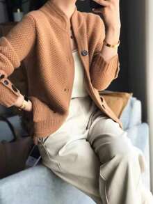 Autumn/Winter New Elegant Loose Fit Commuter Cardigan, Vintage Sheep Wool Knit Open Front Sweater Jacket For Women - Khaki - View 7